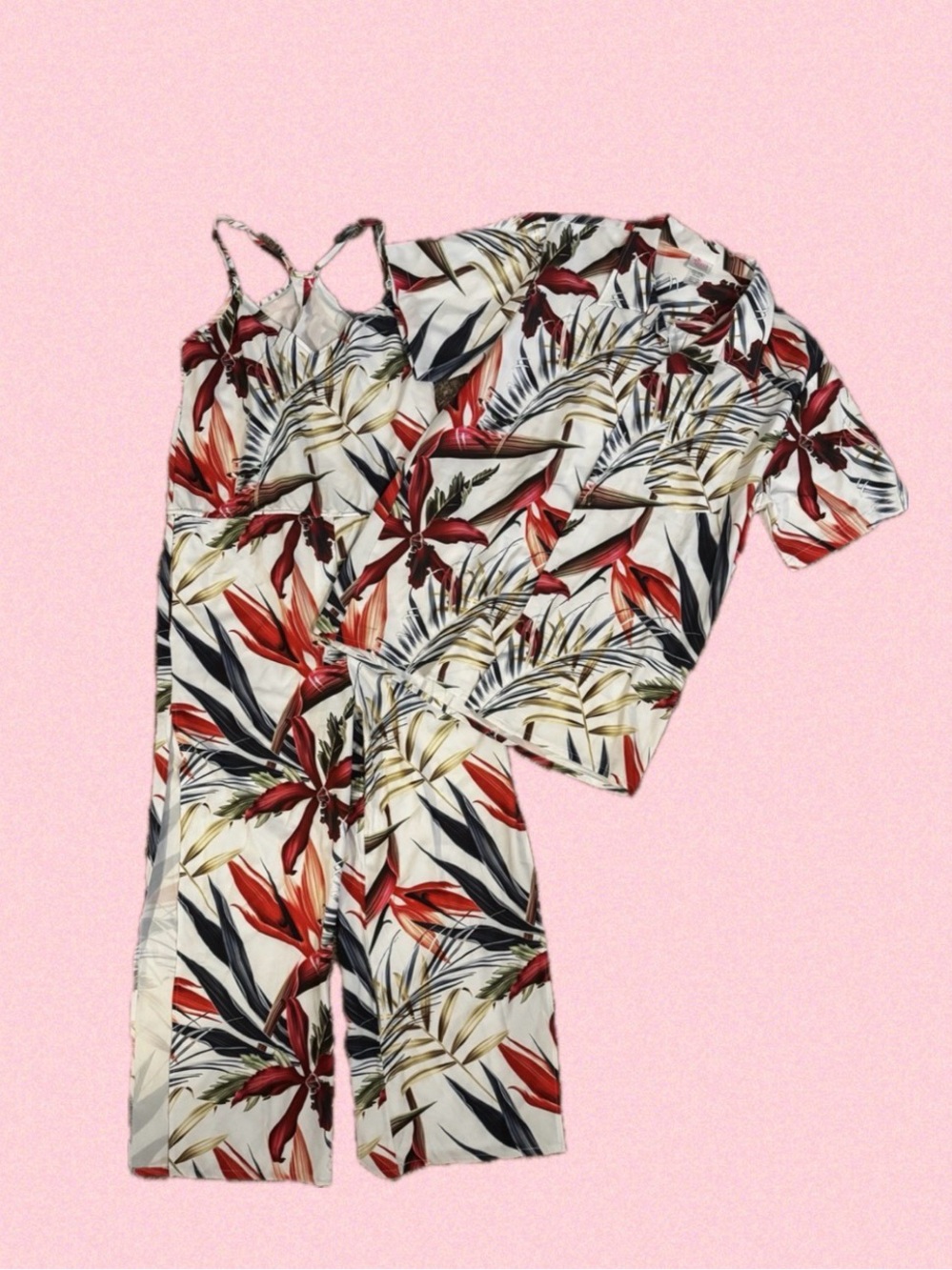 Tropical Floral Two-Piece Set in Red, Green & Cream Men & Women Set